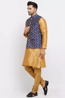 Men Gold Kurta and Churidar with Embroidered Navy Blue Nehru jacket