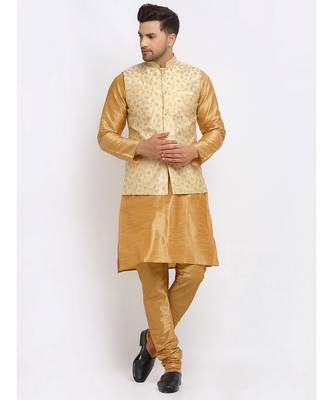 Men Gold Kurta and Churidar with Embroidered Fawn Nehru jacket 1