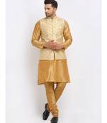 Men Gold Kurta and Churidar with Embroidered Fawn Nehru jacket