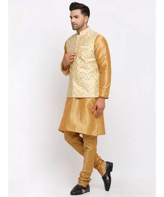 Men Gold Kurta and Churidar with Embroidered Fawn Nehru jacket 5