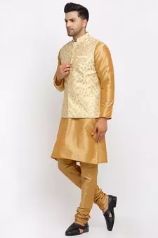 Men Gold Kurta and Churidar with Embroidered Fawn Nehru jacket