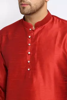 Men Maroon Kurta and Churidar with Embroidered Red Nehru jacket