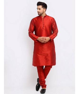 Men Maroon Kurta and Churidar with Embroidered Red Nehru jacket 4