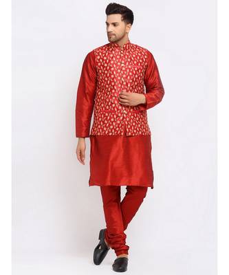 Men Maroon Kurta and Churidar with Embroidered Red Nehru jacket 1