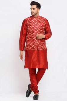 Men Maroon Kurta and Churidar with Embroidered Red Nehru jacket