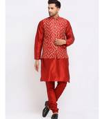 Men Maroon Kurta and Churidar with Embroidered Red Nehru jacket