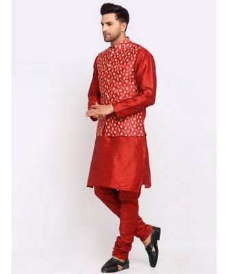 Men Maroon Kurta and Churidar with Embroidered Red Nehru jacket 5