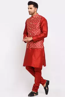 Men Maroon Kurta and Churidar with Embroidered Red Nehru jacket