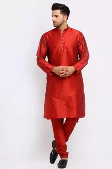Men Maroon Kurta and Churidar with Embroidered Fawn Nehru jacket