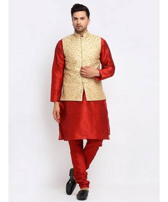 Men Maroon Kurta and Churidar with Embroidered Fawn Nehru jacket 1