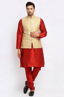 Men Maroon Kurta and Churidar with Embroidered Fawn Nehru jacket