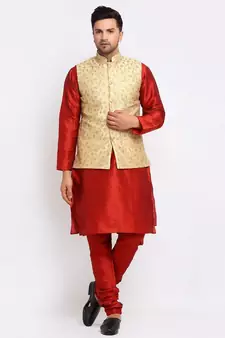 Men Maroon Kurta and Churidar with Embroidered Fawn Nehru jacket