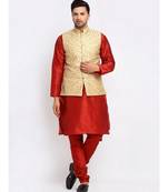 Men Maroon Kurta and Churidar with Embroidered Fawn Nehru jacket