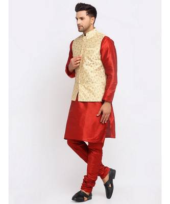 Men Maroon Kurta and Churidar with Embroidered Fawn Nehru jacket 5