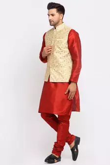 Men Maroon Kurta and Churidar with Embroidered Fawn Nehru jacket