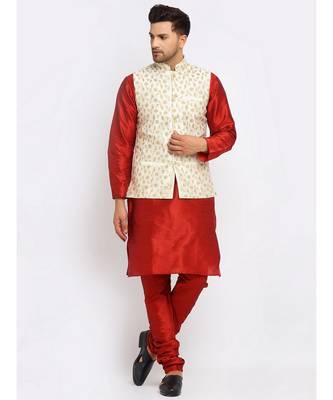 Men Maroon Kurta and Churidar with Embroidered Cream Nehru jacket 5