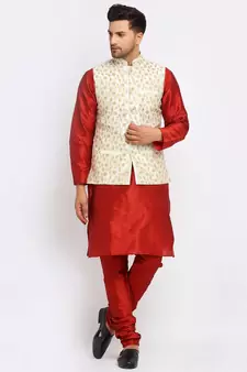 Men Maroon Kurta and Churidar with Embroidered Cream Nehru jacket