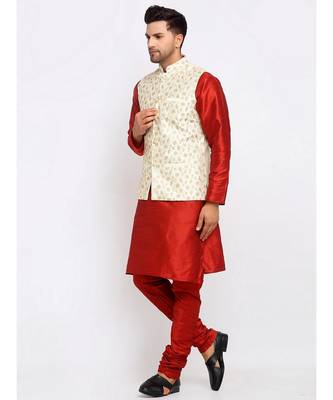 Men Maroon Kurta and Churidar with Embroidered Cream Nehru jacket 1