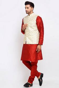 Men Maroon Kurta and Churidar with Embroidered Cream Nehru jacket
