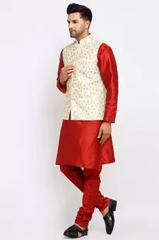 Men Maroon Kurta and Churidar with Embroidered Cream Nehru jacket