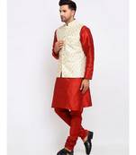 Men Maroon Kurta and Churidar with Embroidered Cream Nehru jacket