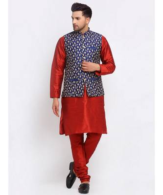 Men Maroon Kurta and Churidar with Embroidered Navy Blue Nehru jacket 5