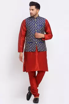 Men Maroon Kurta and Churidar with Embroidered Navy Blue Nehru jacket