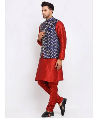 Men Maroon Kurta and Churidar with Embroidered Navy Blue Nehru jacket 1