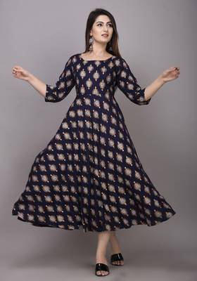 NavyBlue Gold Printed Rayon Anarkali Kurti 1