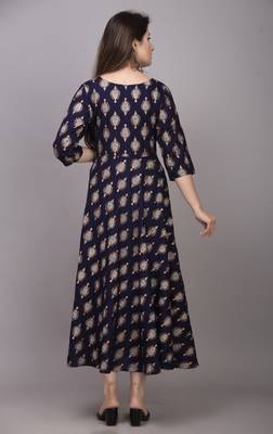 NavyBlue Gold Printed Rayon Anarkali Kurti 2