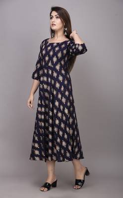 NavyBlue Gold Printed Rayon Anarkali Kurti 3