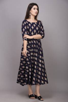 NavyBlue Gold Printed Rayon Anarkali Kurti 4