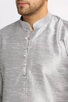 Men Sliver Kurta and Churidar with Embroidered Red Nehru jacket