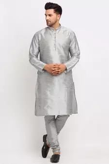 Men Sliver Kurta and Churidar with Embroidered Red Nehru jacket