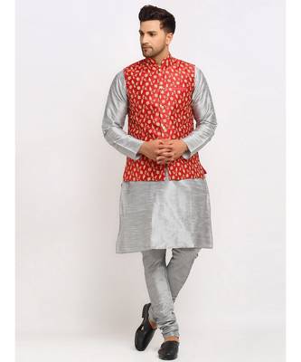 Men Sliver Kurta and Churidar with Embroidered Red Nehru jacket 1
