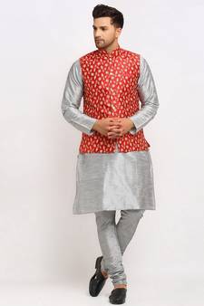 Men Sliver Kurta and Churidar with Embroidered Red Nehru jacket