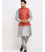 Men Sliver Kurta and Churidar with Embroidered Red Nehru jacket