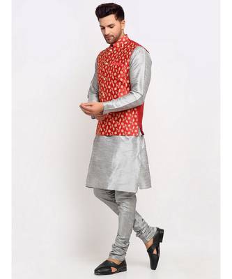 Men Sliver Kurta and Churidar with Embroidered Red Nehru jacket 5