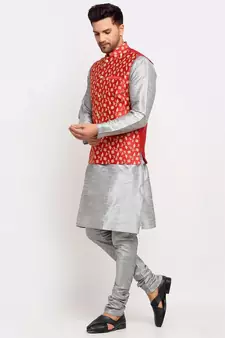 Men Sliver Kurta and Churidar with Embroidered Red Nehru jacket
