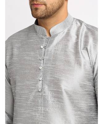 Men Silver Kurta and Churidar with Embroidered Navy Blue Nehru jacket 3