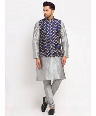 Men Silver Kurta and Churidar with Embroidered Navy Blue Nehru jacket 1