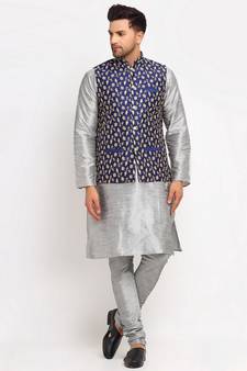 Men Silver Kurta and Churidar with Embroidered Navy Blue Nehru jacket