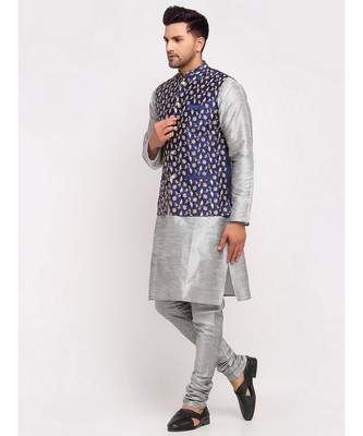 Men Silver Kurta and Churidar with Embroidered Navy Blue Nehru jacket 5