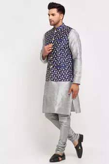 Men Silver Kurta and Churidar with Embroidered Navy Blue Nehru jacket