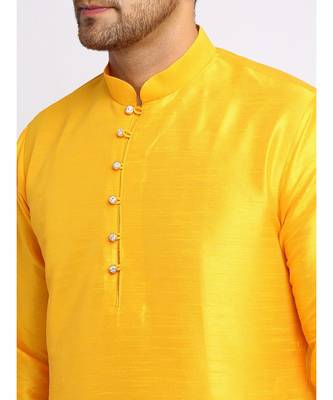 Men yellow Kurta and Churidar with Embroidered Red Nehru jacket 3