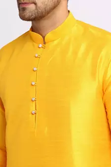 Men yellow Kurta and Churidar with Embroidered Red Nehru jacket