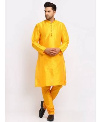 Men yellow Kurta and Churidar with Embroidered Red Nehru jacket 4