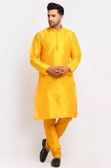 Men yellow Kurta and Churidar with Embroidered Red Nehru jacket