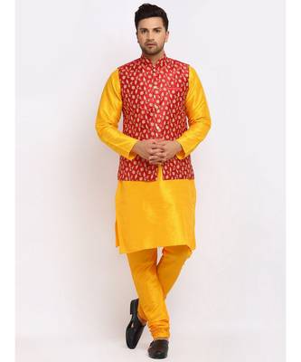 Men yellow Kurta and Churidar with Embroidered Red Nehru jacket 5