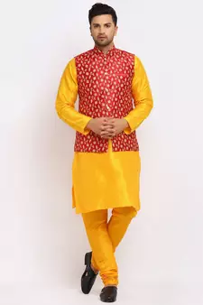 Men yellow Kurta and Churidar with Embroidered Red Nehru jacket
